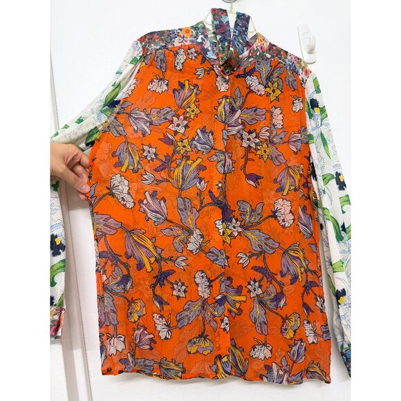 Tory Burch Kia Orange Garden Print Silk Shirt Top Green Floral Tie Neck 8 - Picture 7 of 15